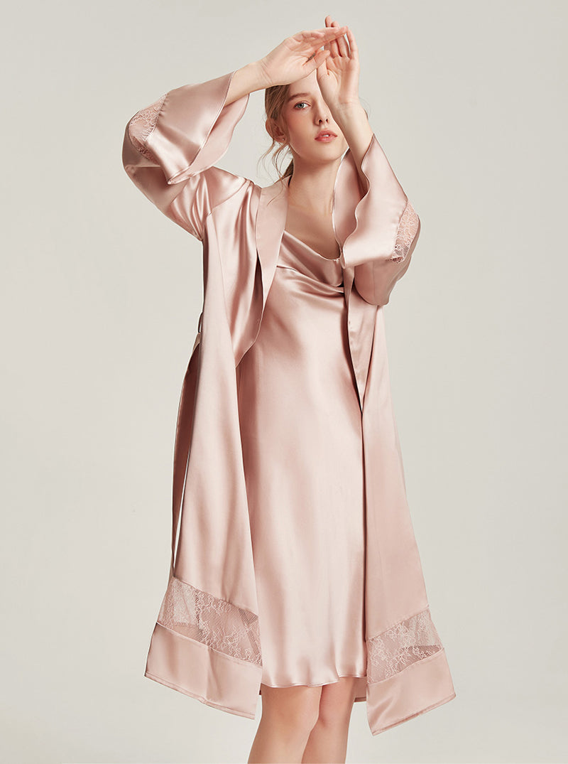 Silk Female Autumn Swing Collar Elegant Romantic Simple Soft Stitching Perspective Lace Suspender Nightdress Long-Sleeved Nightgown