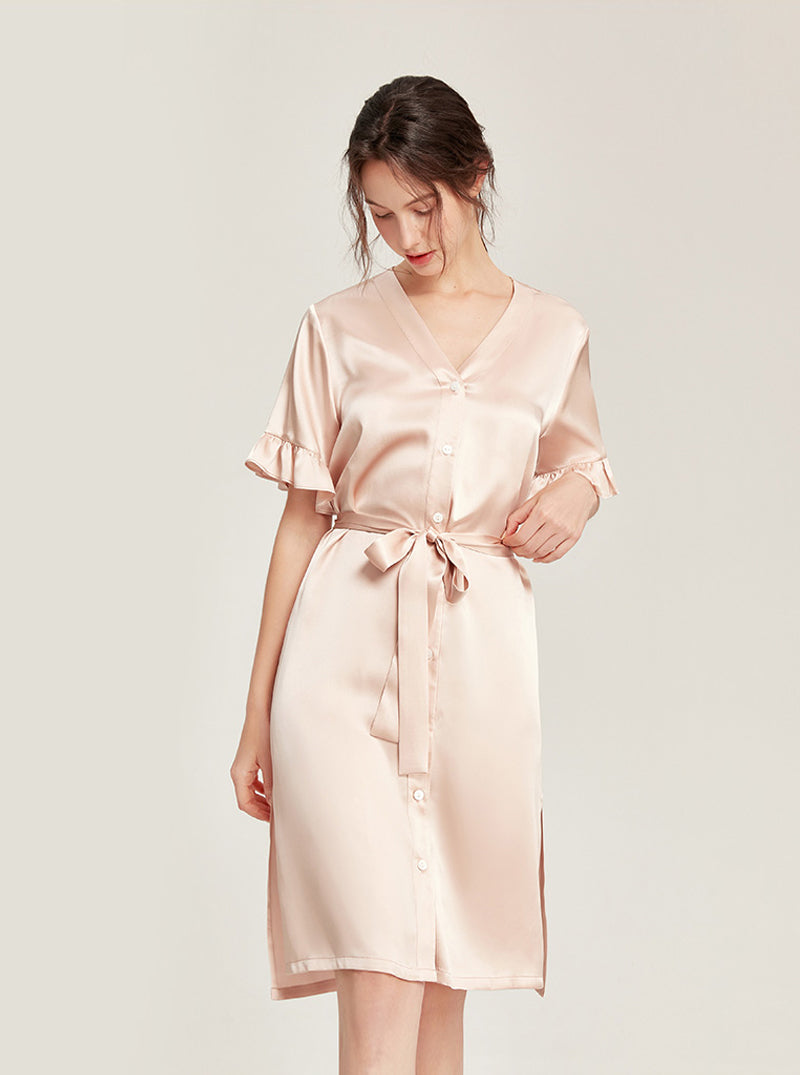Female Summer 19 Momme Pure Color Silk Buttons V Collar Split Hem Ruffle Short Sleeve Medium Length Night-Robe