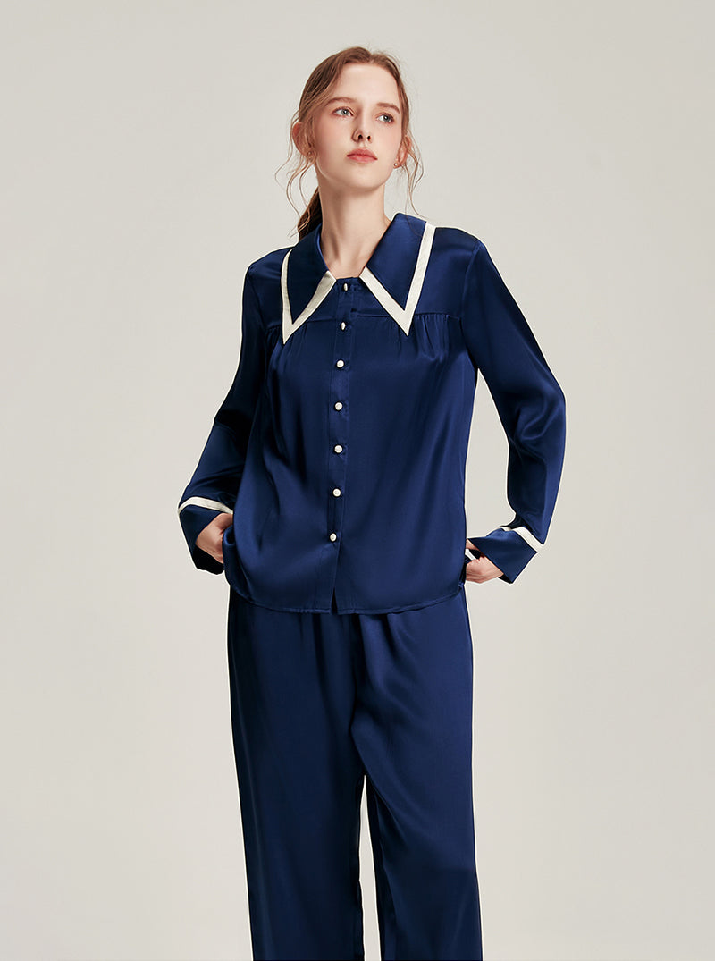 Silk Female Autumn Lapel Stitching Design Simple Fashion Soft Breathable Comfortable Long Sleeve Pajamas Two Pieces Of Solid Color