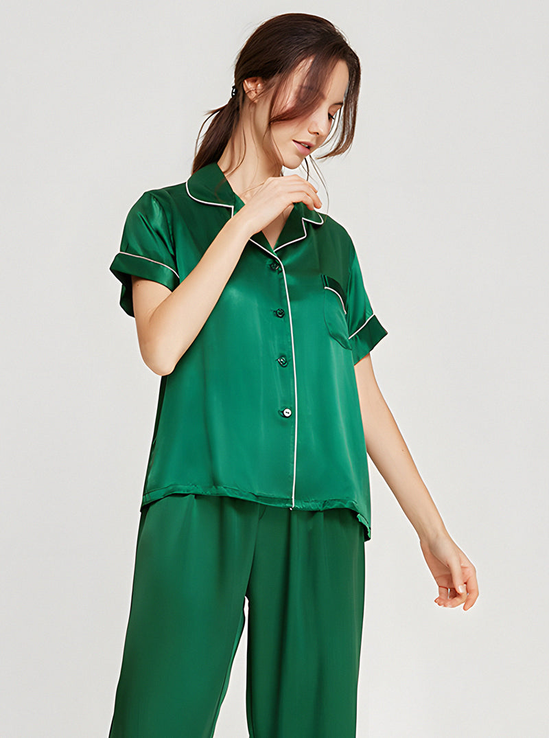 19 Momme Ladies Summer Multicolor Contrast Small Lapel Button Soft And Comfortable Short Sleeve Pants Pajama Two Piece Set