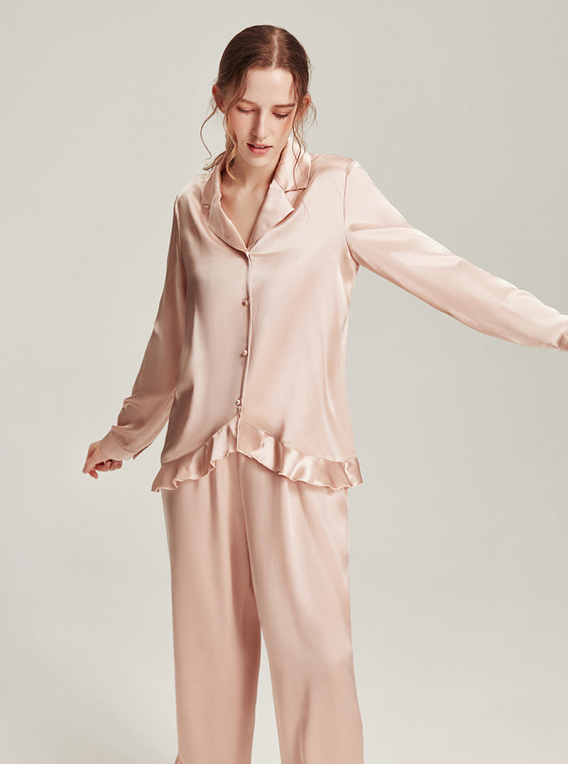 Solid Light Color Female Silk Autumn Shirt Collar Comfortable Breathable Ruffles Simple Basic Long Sleeve Pants Two Piece Pajamas