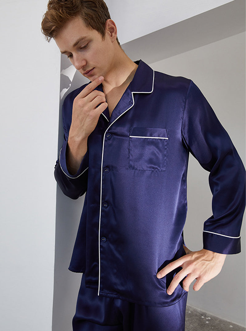 Spring And Summer 16 Momme Silk Male Small Lapel Solid Color Edge Contrast Color Line Simple Long-Sleeved Trousers Two-Piece Pajamas