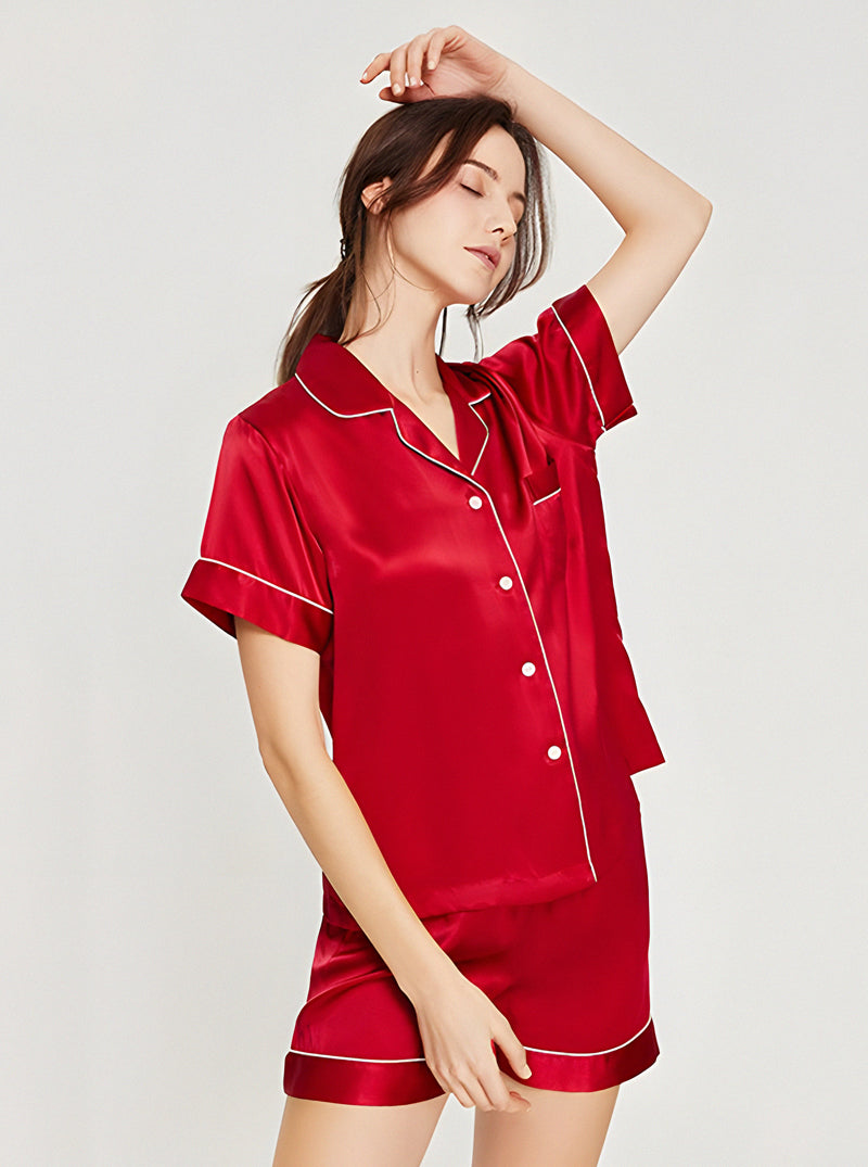 19 Momme Silk Summer Female Small Lapel Simple Fashion Versatile Multicolor Short Sleeve Button Pajamas Two-Piece Set