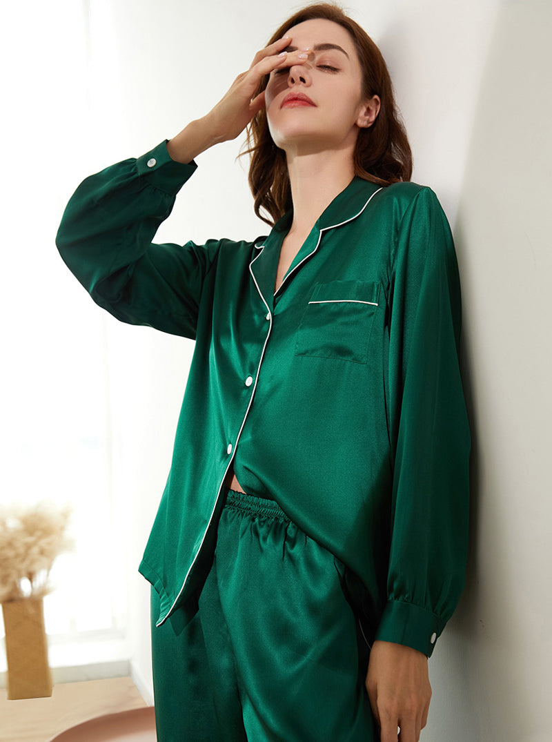 19 Momme Silk Autumn Ladies Small Lapel Beautiful Lively Colors Bright Long Sleeve Pajamas Two Piece Set
