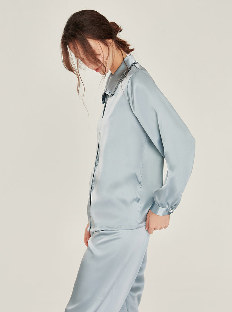 Silk Matching Pajamas Autumn Female Cute Ruffle Doll Collar Simplicity Pure Color Long Sleeve Two-Piece Set