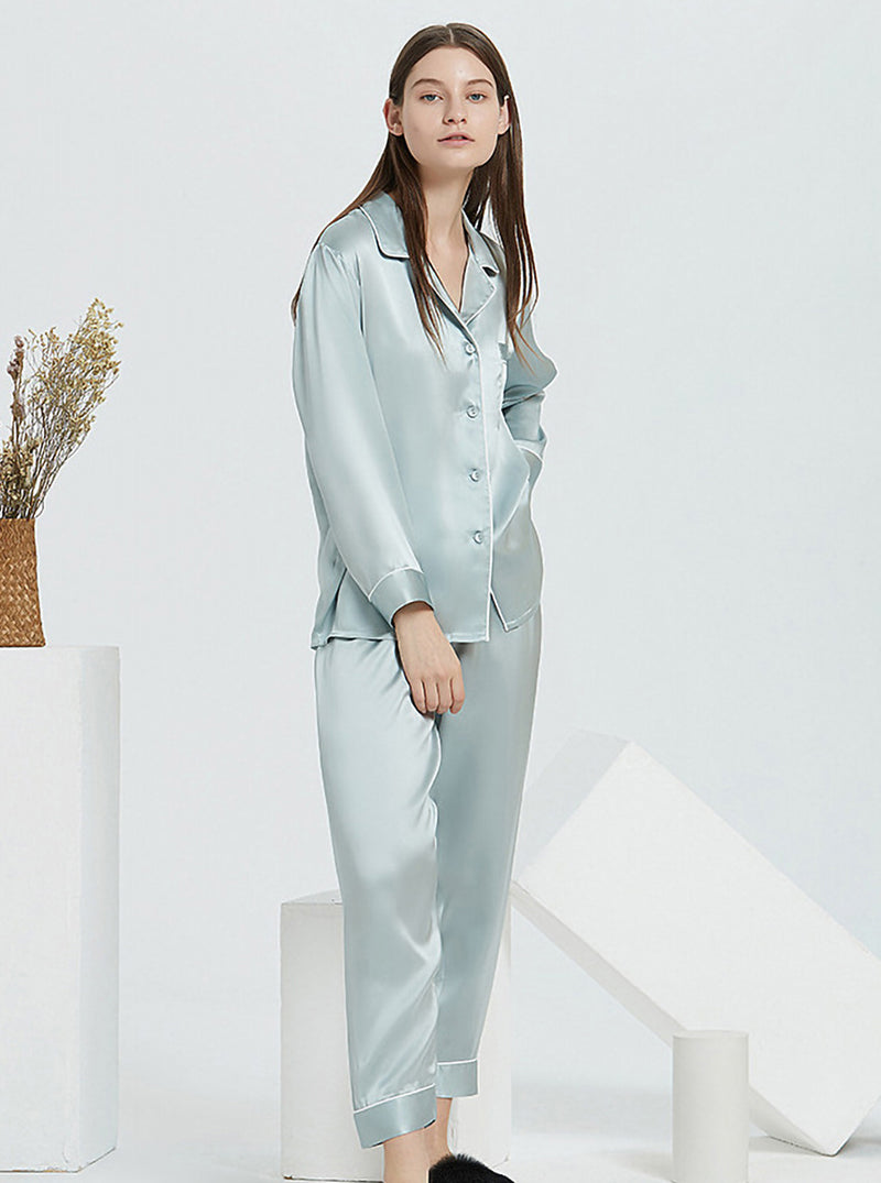 Silk Spring And Autumn Female Suit Collar Simple Fashion Classic Long Sleeve Pants Pajamas Two-Piece Set