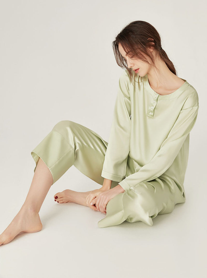 Silk Spring Summer Simplicity Round Collar Matching Pajamas Small Split Hem Long Sleeve Two-Piece Set Female