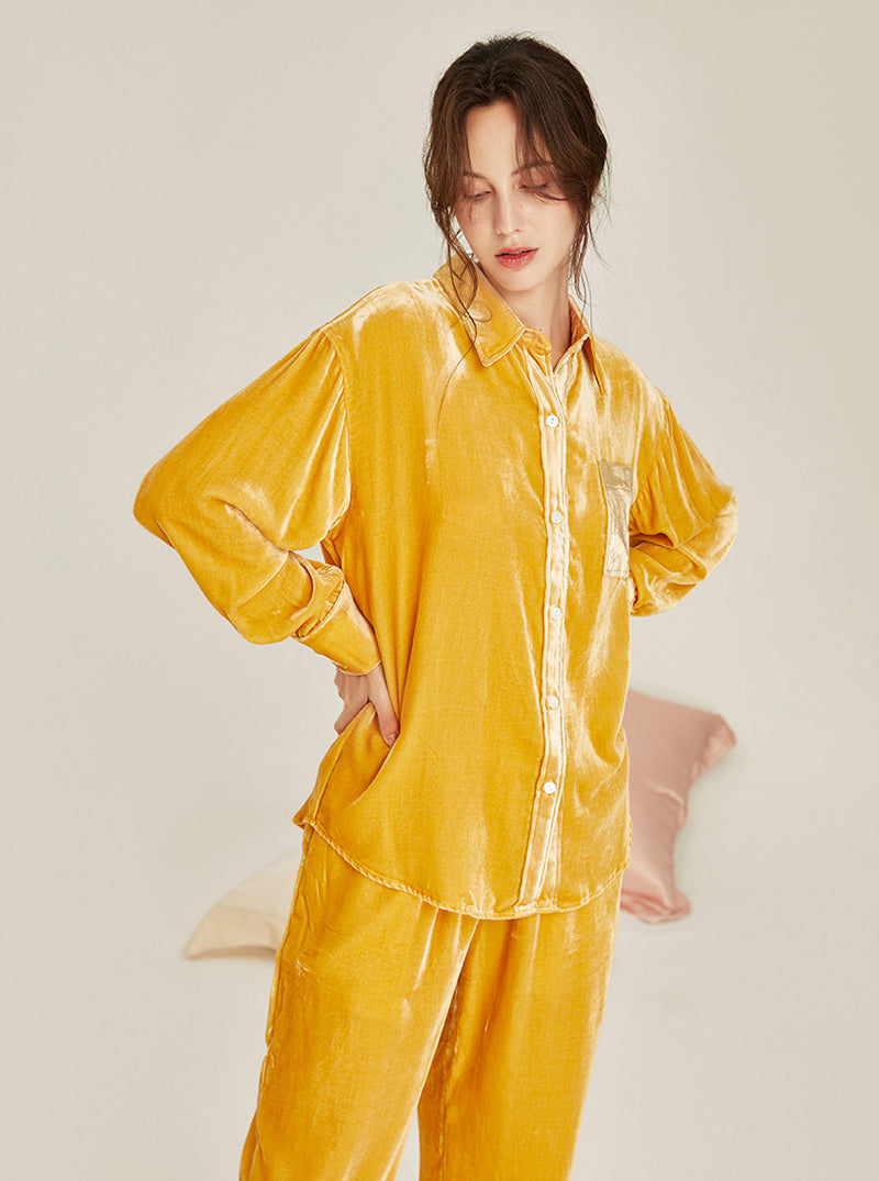 Velvet Multicolor Female Autumn And Winter Shirt Collar High Fashion Warm Chic Retro Long Sleeve Pajamas Two Piece Set
