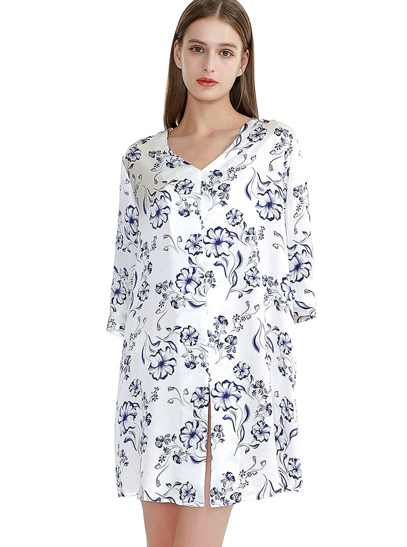 Silk Multicolor Summer Female V-Neck Sexy Casual Simple Solid Color Printed Mid-Sleeve Nightdress