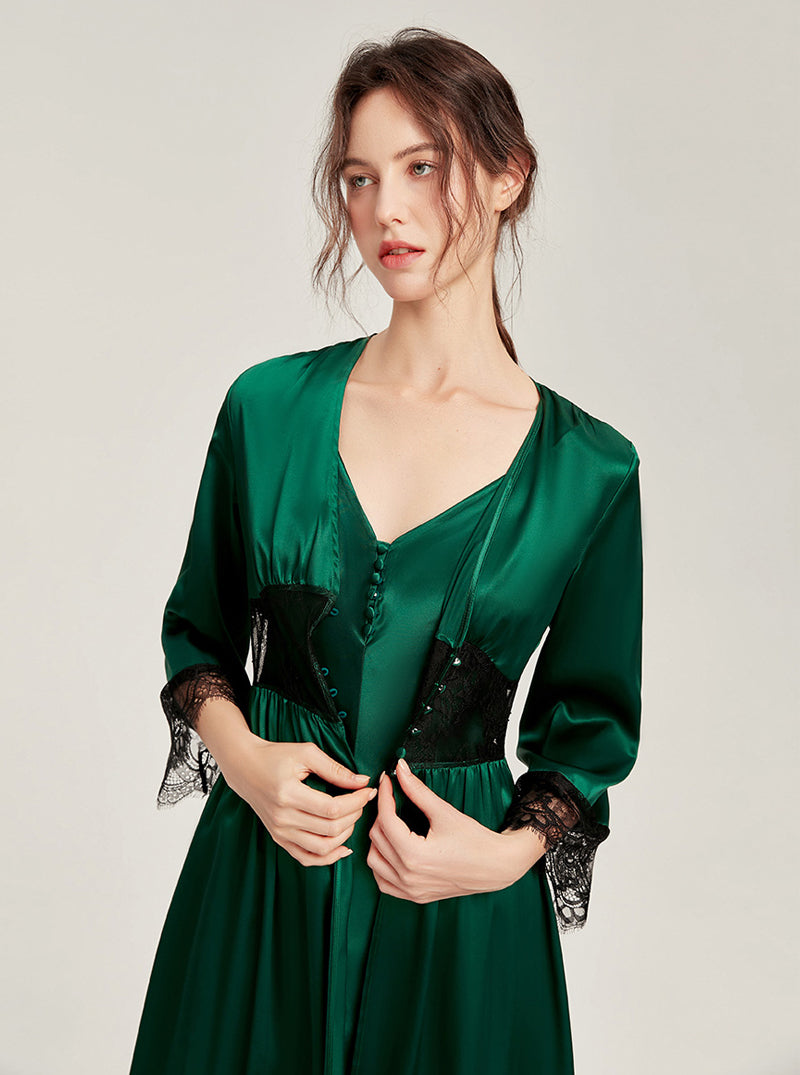 Silk Spring And Autumn Female V-Neck Waist Lace Long-Sleeved Sexy High-End Retro Elegant French Solid Color Pajamas