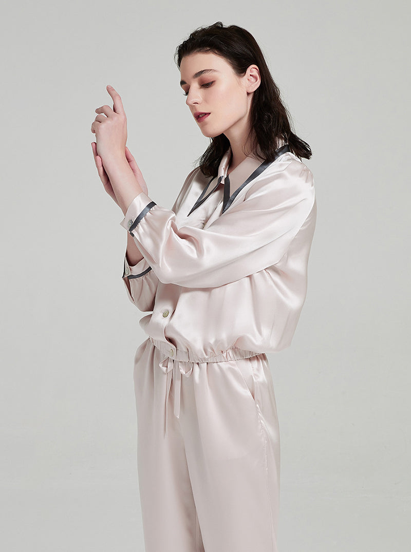 19 Momme Silk Female Spring Retro Pointed Collar High-Quality Temperament Leg Split Contrast Color Long-Sleeved Trousers Pajamas Two-Piece Set