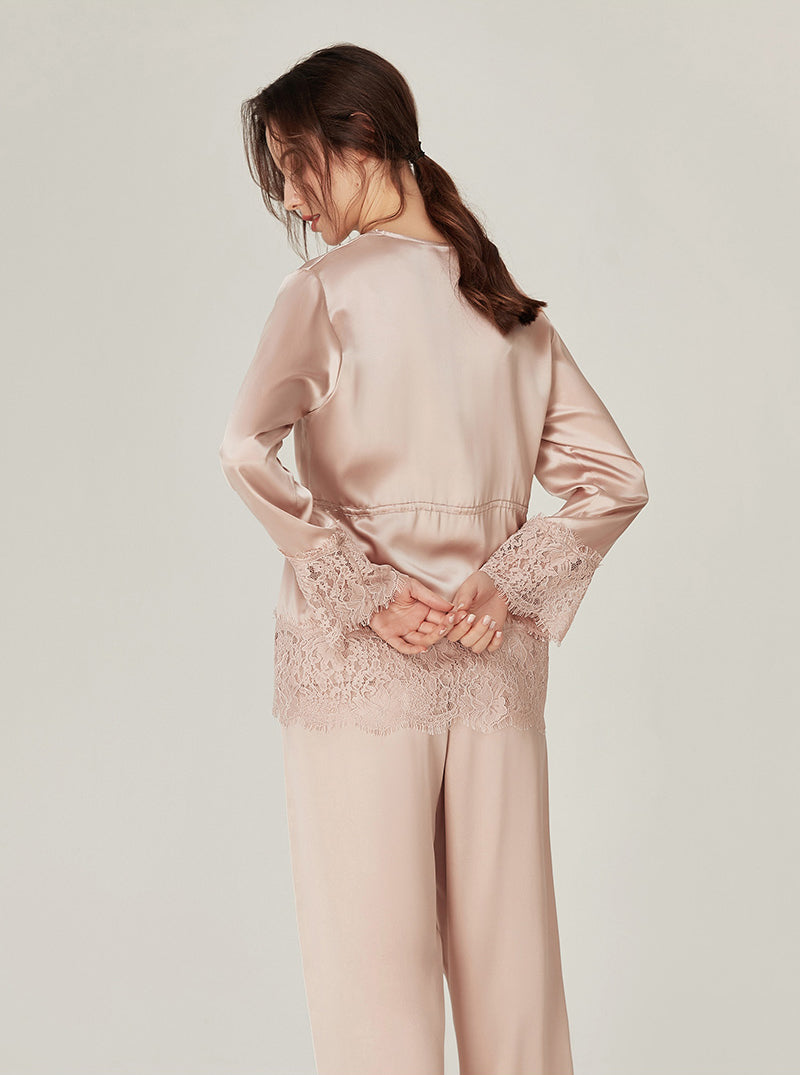 Silk Spring Female V Collar Lazy Retro Matching Pajamas Lace Stitching Three-Piece Set