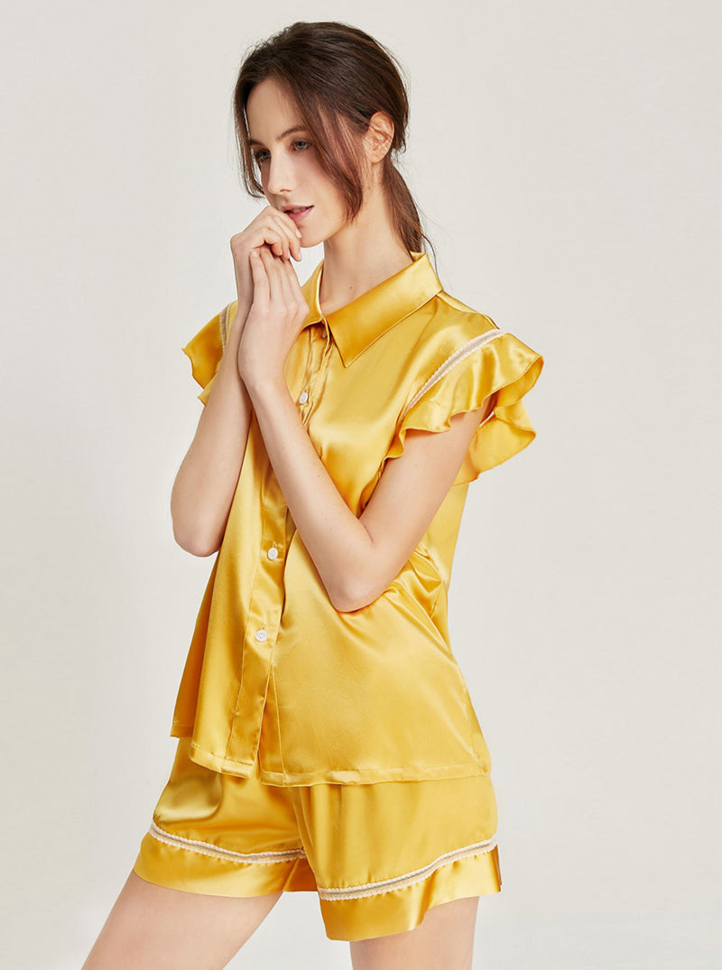 Silk Matching Pajamas Female Summer Simplicity Shirt Collar Lapel Lace Hollow Splicing Ruffle Small Flying Sleeve Top Shorts Two-Piece Set
