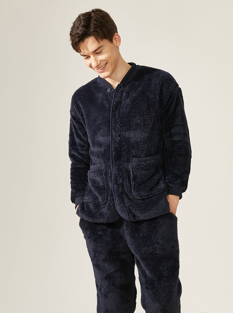 Thickened Warmth Winter Pajamas Male Small V Collar Long Sleeve With Scarf Can Be Worn Outdoors Coral Velvet Set