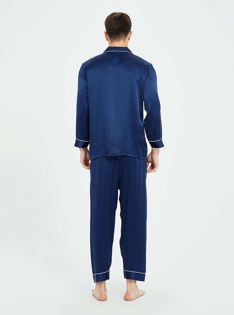 19 Momme Silk Spring And Autumn Male Small Lapel Comfortable And Breathable Classic Version Solid Color Long-Sleeved Trousers Pajamas Two-Piece Set
