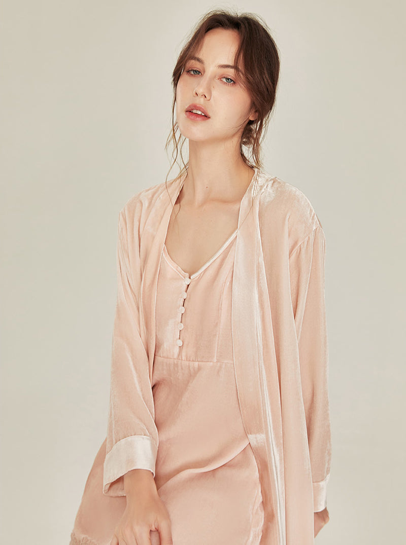 Autumn Winter Silk Velvet Female Medium Length Matching Pajamas V Collar Lace Stitching Hem Slim Sling Nightdress And Night-Robe Set