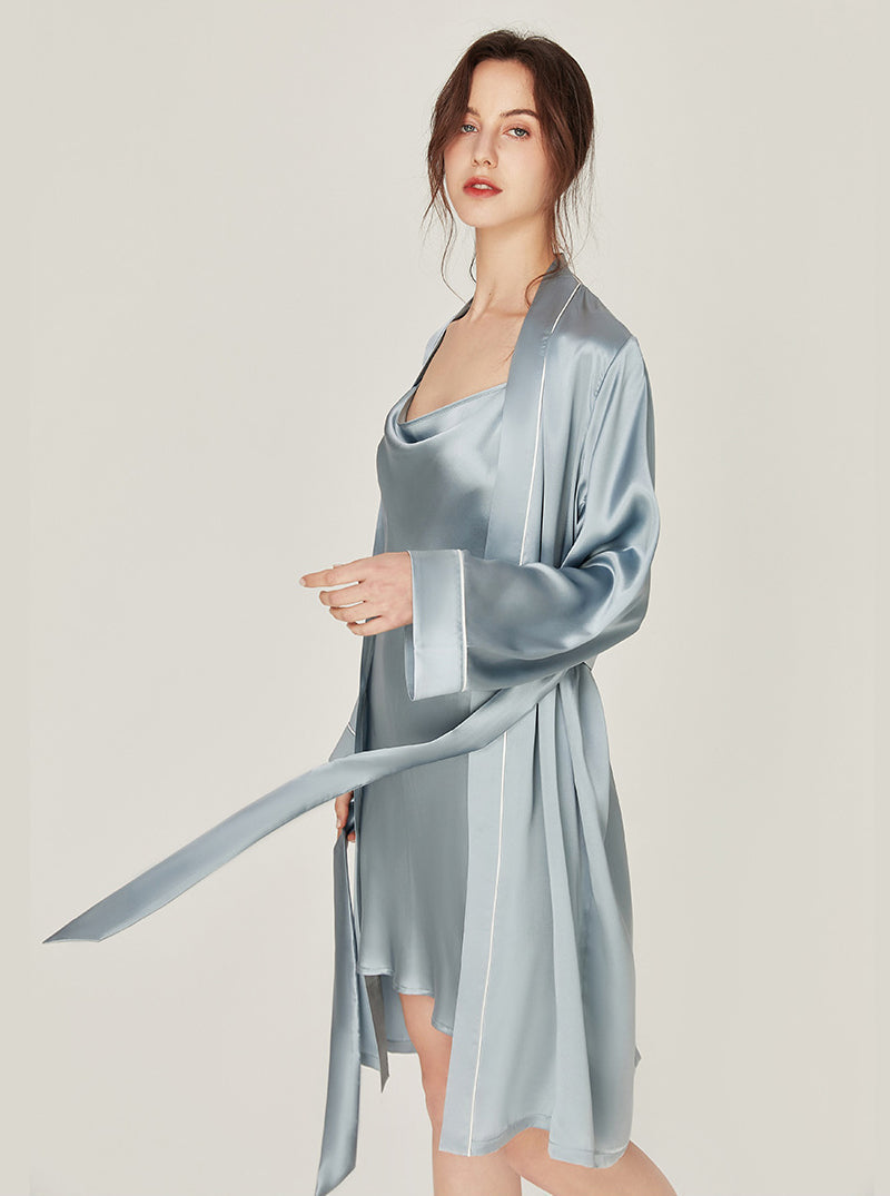 Silk Wedding Morning Robe V Collar Advanced Sense Simplicity Pure Color Medium Length Night-Robe Female