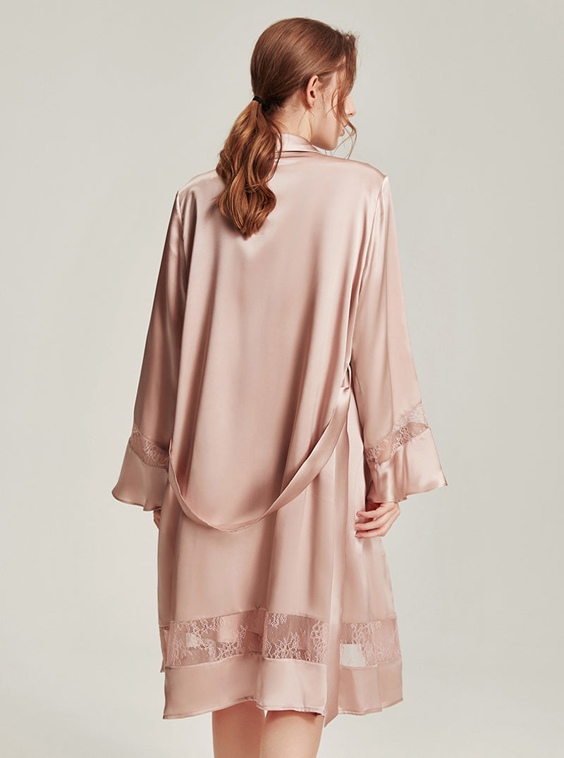 Silk Female Autumn Swing Collar Elegant Romantic Simple Soft Stitching Perspective Lace Suspender Nightdress Long-Sleeved Nightgown