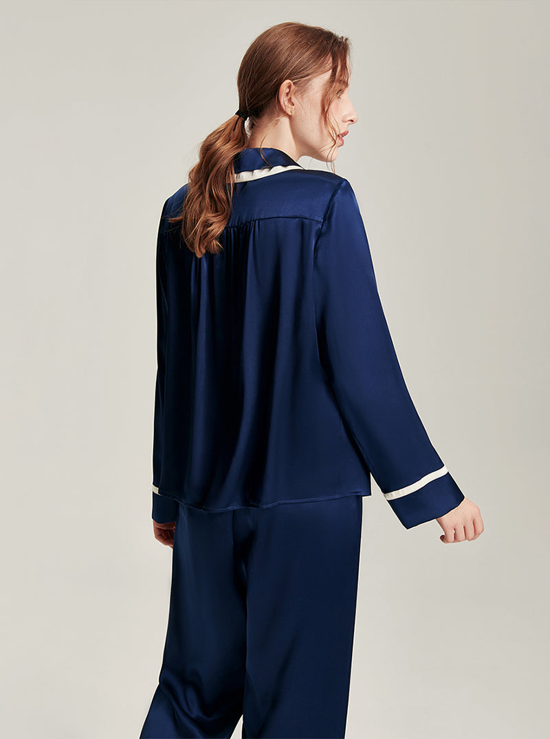 Silk Female Autumn Lapel Stitching Design Simple Fashion Soft Breathable Comfortable Long Sleeve Pajamas Two Pieces Of Solid Color