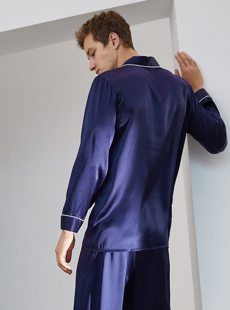Spring And Summer 16 Momme Silk Male Small Lapel Solid Color Edge Contrast Color Line Simple Long-Sleeved Trousers Two-Piece Pajamas