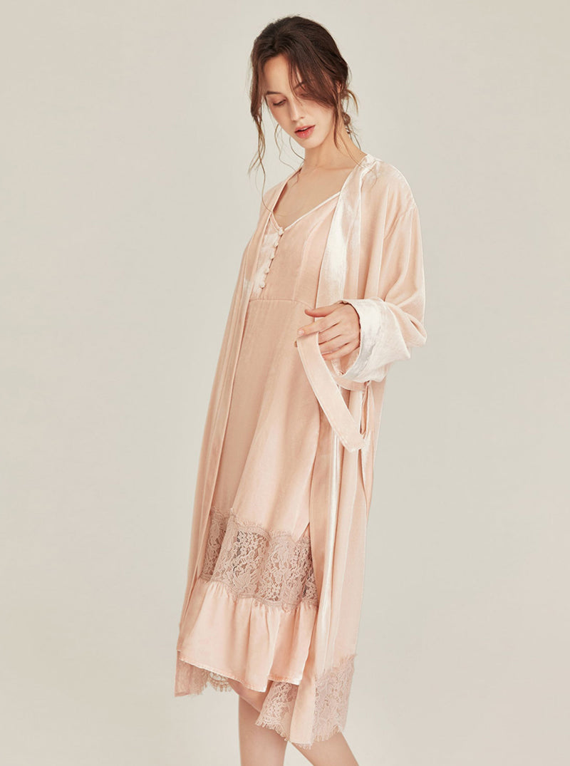 Autumn Winter Silk Velvet Female Medium Length Matching Pajamas V Collar Lace Stitching Hem Slim Sling Nightdress And Night-Robe Set