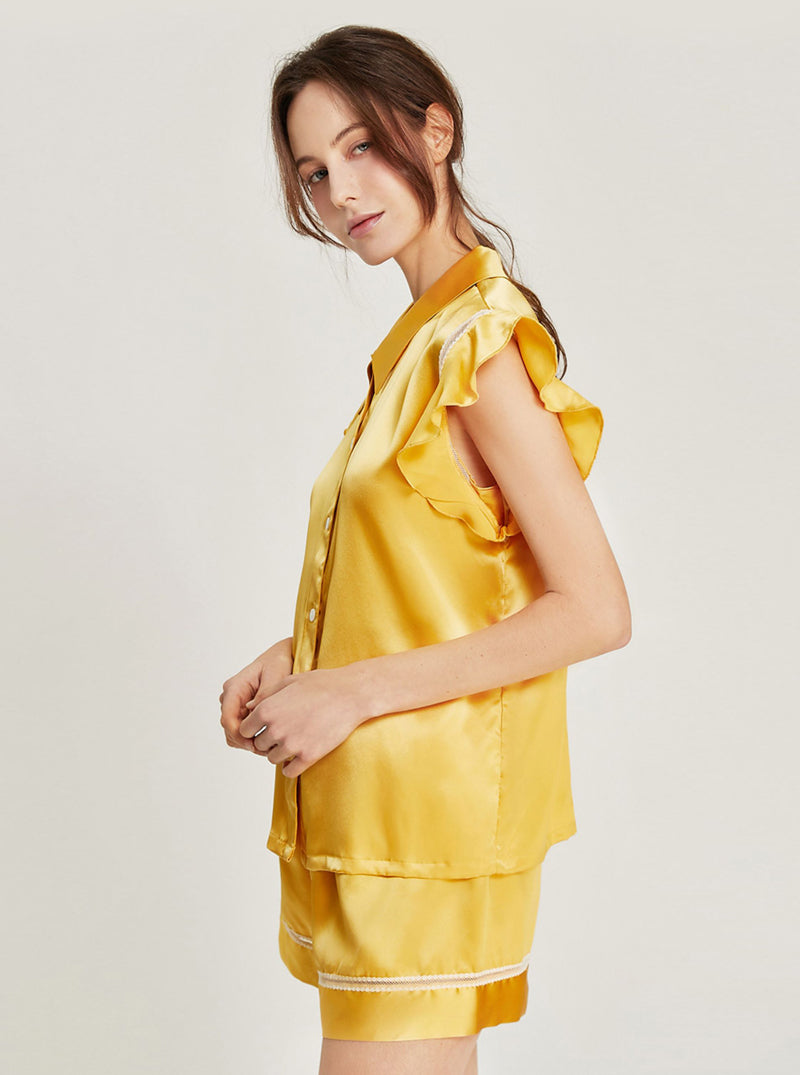 Silk Matching Pajamas Female Summer Simplicity Shirt Collar Lapel Lace Hollow Splicing Ruffle Small Flying Sleeve Top Shorts Two-Piece Set