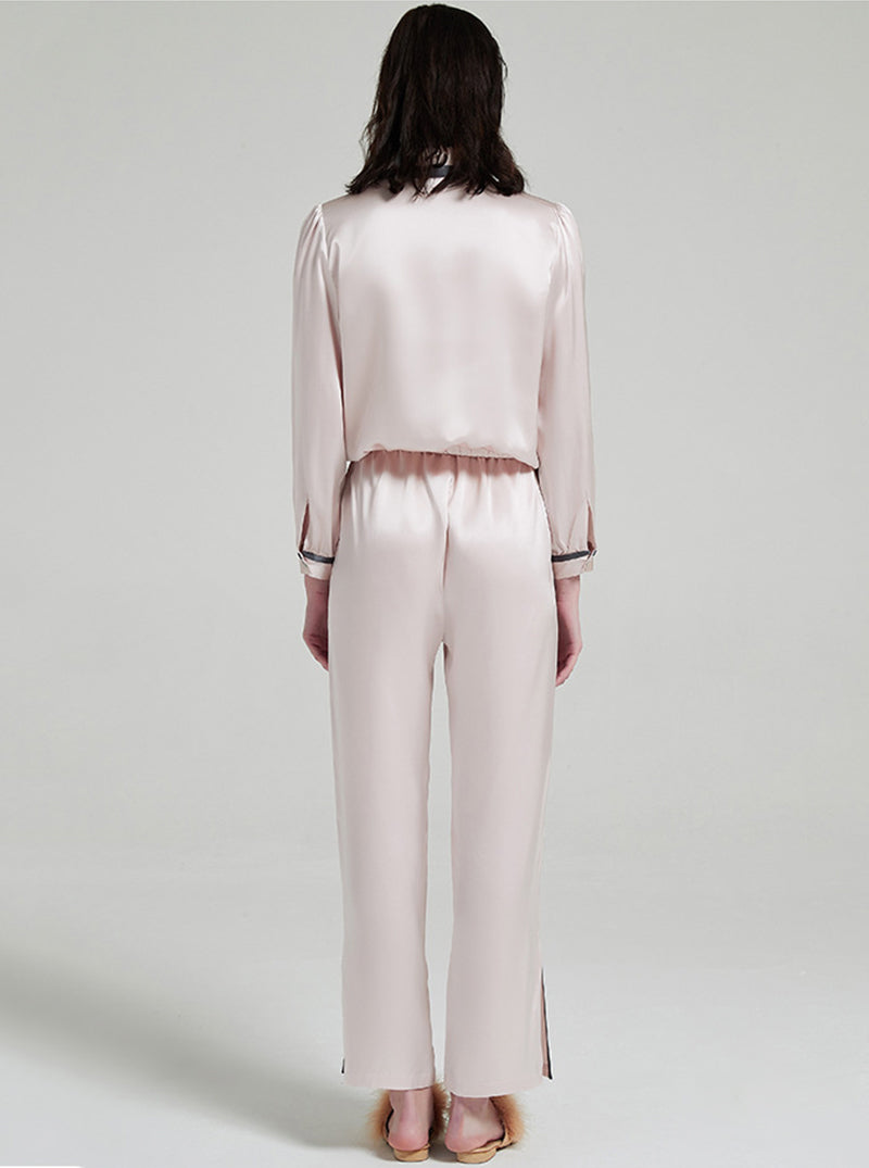 19 Momme Silk Female Spring Retro Pointed Collar High-Quality Temperament Leg Split Contrast Color Long-Sleeved Trousers Pajamas Two-Piece Set