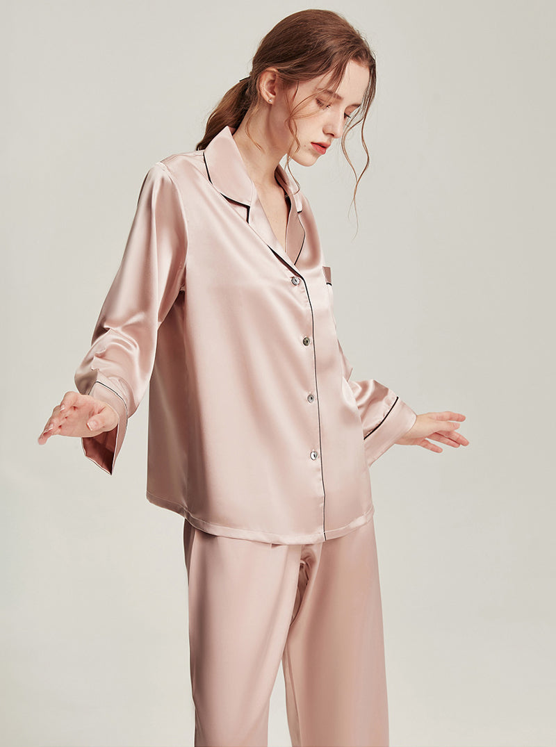 19 Momme Silk Autumn And Winter Female Simple Small Lapel Multi-Color Temperament High-Quality Pajamas Two-Piece Long-Sleeved Trousers