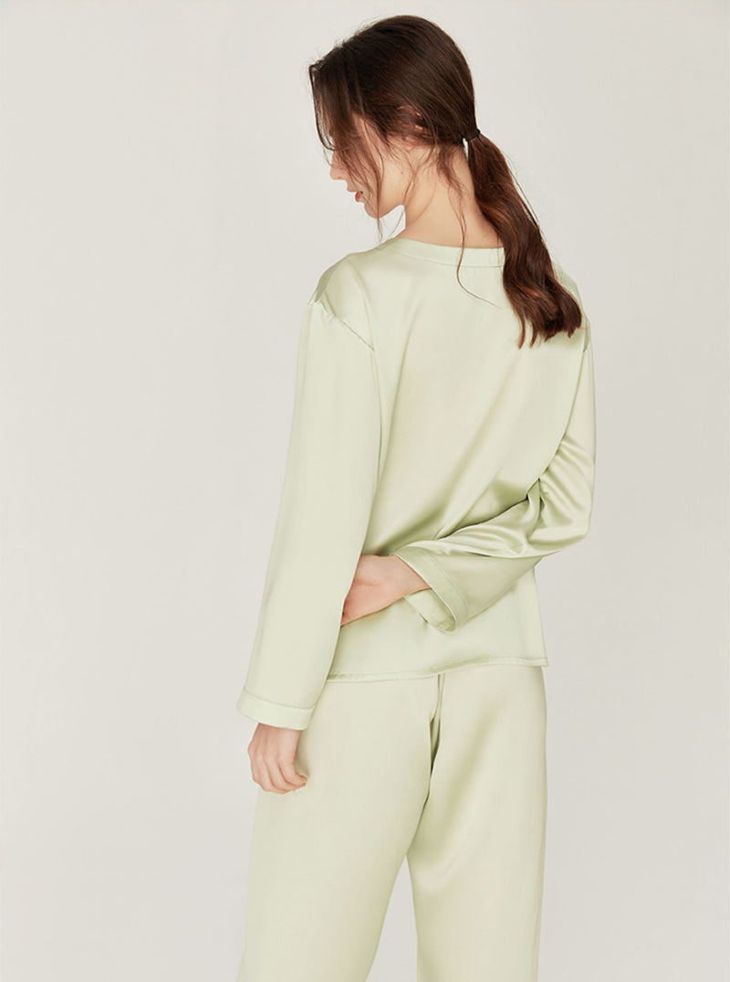 Silk Spring Summer Simplicity Round Collar Matching Pajamas Small Split Hem Long Sleeve Two-Piece Set Female