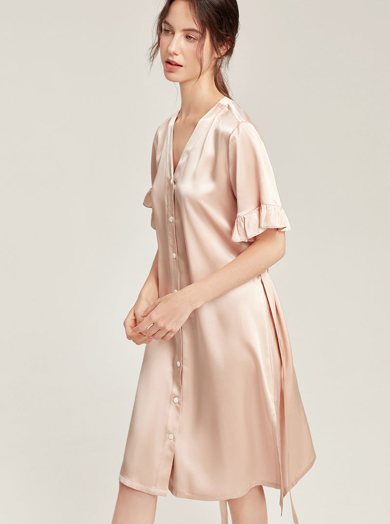 Female Summer 19 Momme Pure Color Silk Buttons V Collar Split Hem Ruffle Short Sleeve Medium Length Night-Robe