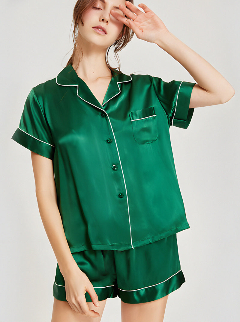 19 Momme Silk Summer Female Small Lapel Simple Fashion Versatile Multicolor Short Sleeve Button Pajamas Two-Piece Set