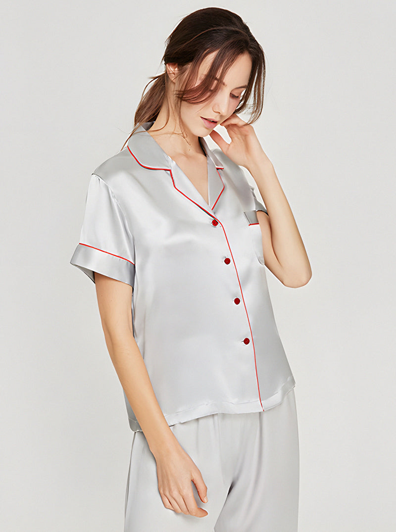 19 Momme Ladies Summer Multicolor Contrast Small Lapel Button Soft And Comfortable Short Sleeve Pants Pajama Two Piece Set