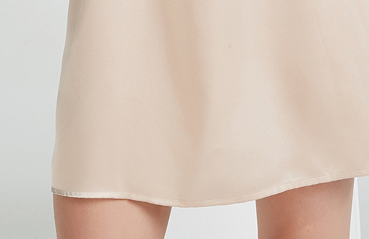 19 Momme Silk Female Spring And Summer Round Neck Lace Sexy And Elegant Adjustable Waist Light Apricot Short-Sleeved Nightdress
