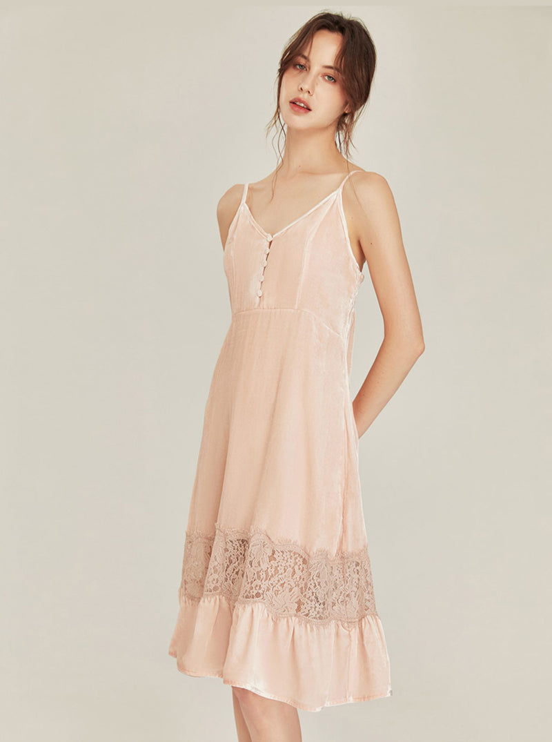 Autumn Winter Silk Velvet Female Medium Length Matching Pajamas V Collar Lace Stitching Hem Slim Sling Nightdress And Night-Robe Set