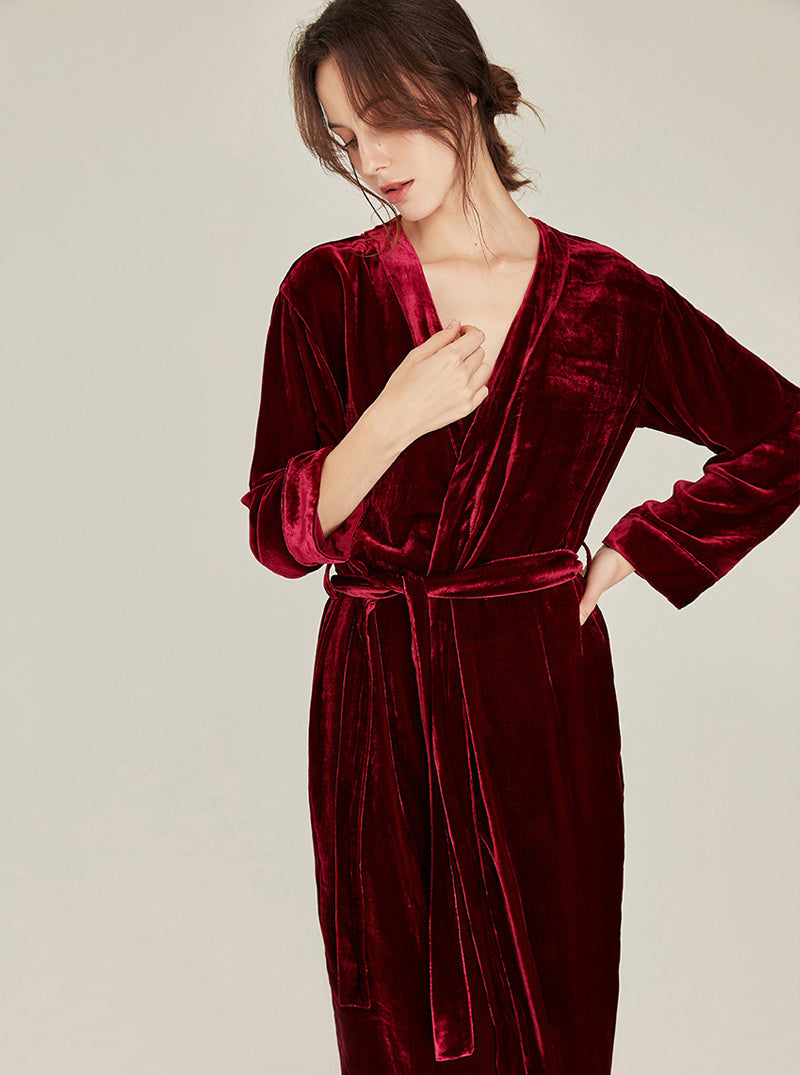 Warm Female Spring Autumn Matching Pajamas Silk Velvet Simplicity Elegant V Collar Sling Short Nightdress And Medium Length Night-Robe Set
