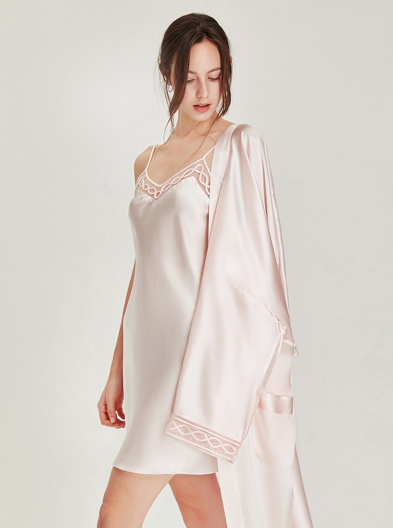 Solid Color Silk Autumn And Winter Female Lace V-Neck Sexy Luxury Soft Long-Sleeved Nightgown Suspenders Nightdress Two-Piece Set