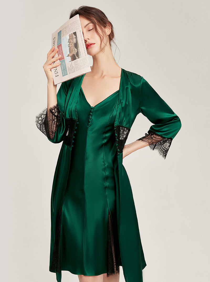 Silk Spring And Autumn Female V-Neck Waist Lace Long-Sleeved Sexy High-End Retro Elegant French Solid Color Pajamas