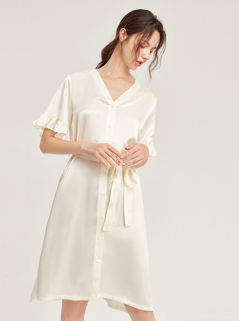 Female Summer 19 Momme Pure Color Silk Buttons V Collar Split Hem Ruffle Short Sleeve Medium Length Night-Robe