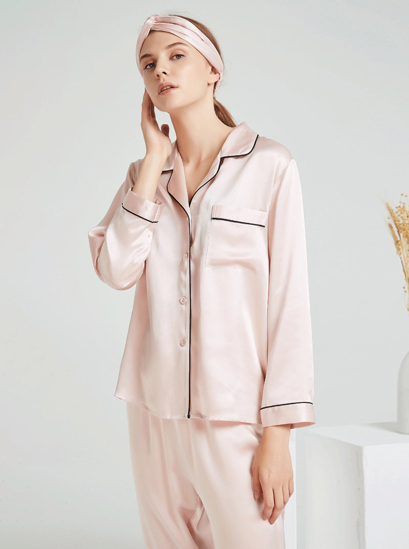 19 Momme Silk Spring And Autumn Female Suit Collar Simple Intellectual Elegant Long-Sleeved Trousers Multi-Color Pajamas Two-Piece Set
