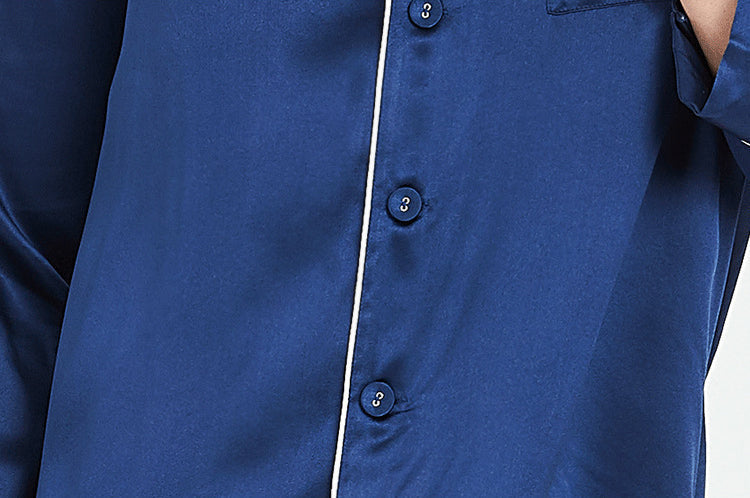 19 Momme Silk Spring And Autumn Male Small Lapel Comfortable And Breathable Classic Version Solid Color Long-Sleeved Trousers Pajamas Two-Piece Set