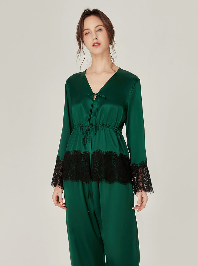 Silk Spring Female V Collar Lazy Retro Matching Pajamas Lace Stitching Three-Piece Set