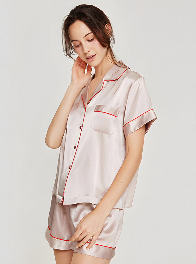 19 Momme Silk Summer Female Small Lapel Simple Fashion Versatile Multicolor Short Sleeve Button Pajamas Two-Piece Set