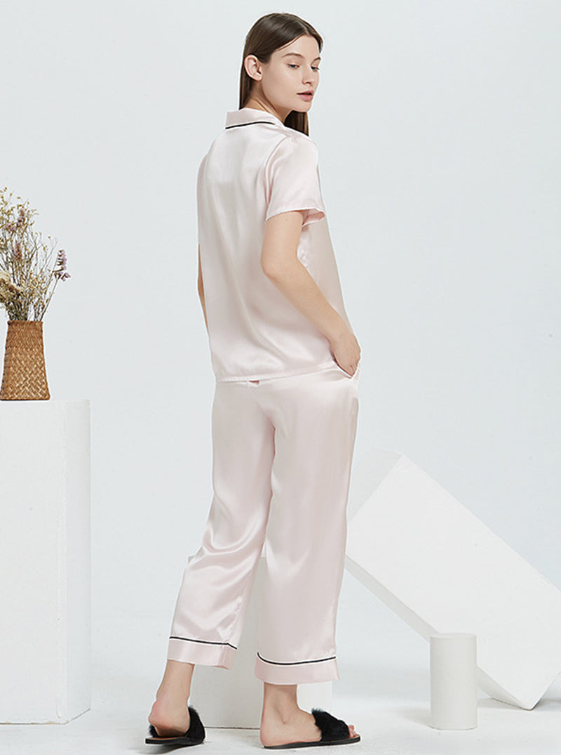 Suit Collar 19 Momme Silk Female Summer Multiple Colors Simple Classic Comfortable Short Sleeve Pants Pajamas Two Piece Set
