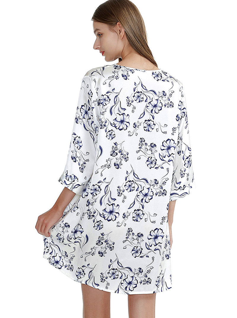 Silk Multicolor Summer Female V-Neck Sexy Casual Simple Solid Color Printed Mid-Sleeve Nightdress