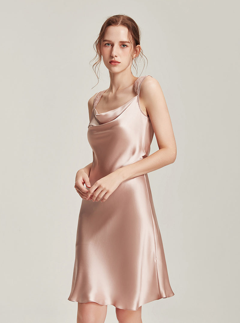 Silk Female Autumn Swing Collar Elegant Romantic Simple Soft Stitching Perspective Lace Suspender Nightdress Long-Sleeved Nightgown