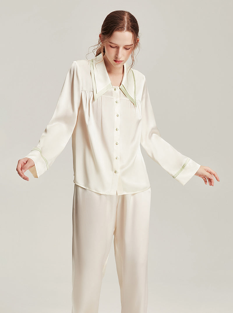 Silk Female Autumn Lapel Stitching Design Simple Fashion Soft Breathable Comfortable Long Sleeve Pajamas Two Pieces Of Solid Color