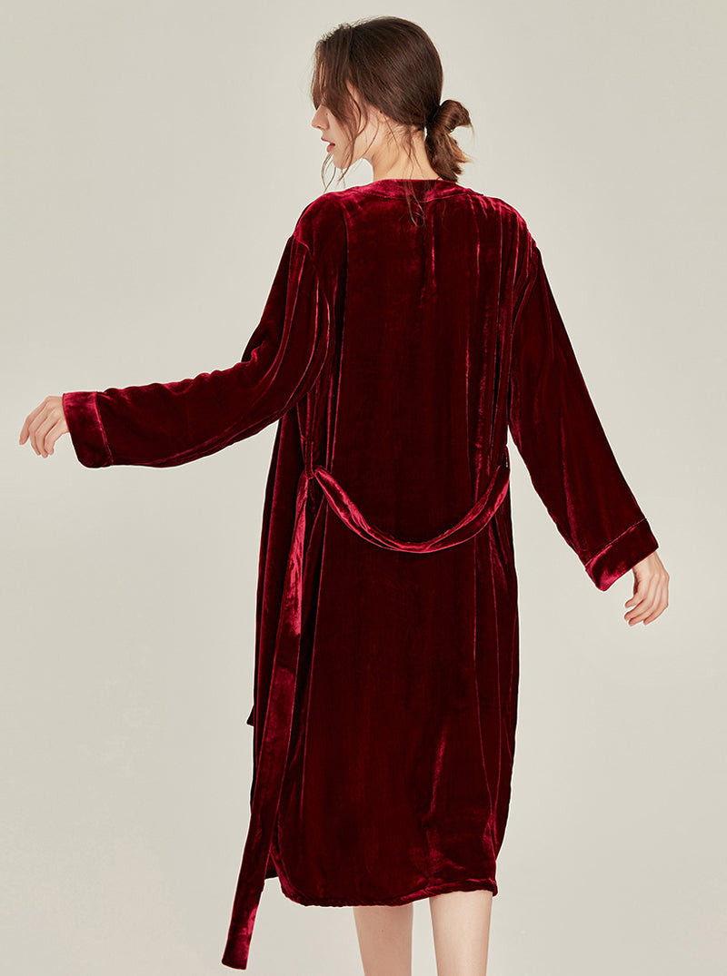 Warm Female Spring Autumn Matching Pajamas Silk Velvet Simplicity Elegant V Collar Sling Short Nightdress And Medium Length Night-Robe Set