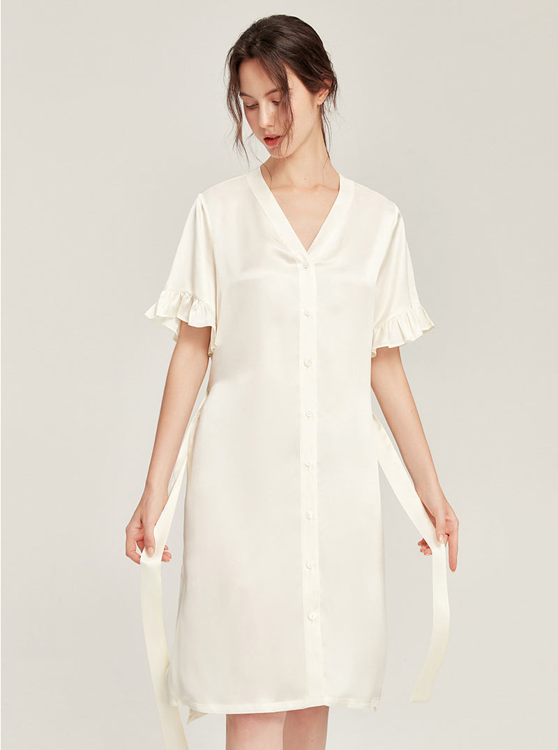 Female Summer 19 Momme Pure Color Silk Buttons V Collar Split Hem Ruffle Short Sleeve Medium Length Night-Robe