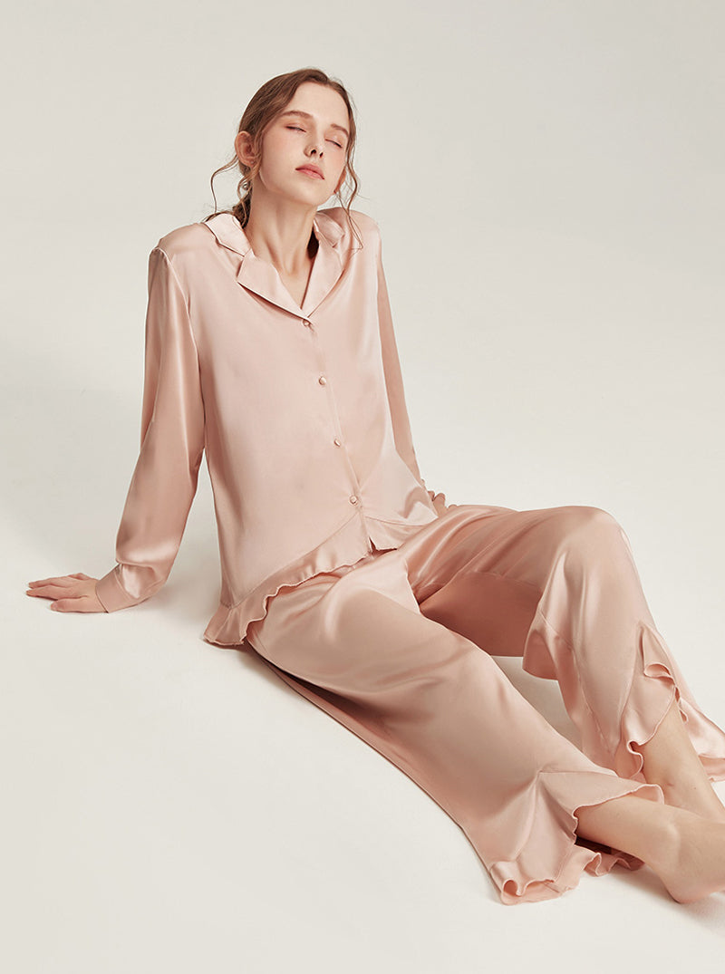 Solid Light Color Female Silk Autumn Shirt Collar Comfortable Breathable Ruffles Simple Basic Long Sleeve Pants Two Piece Pajamas
