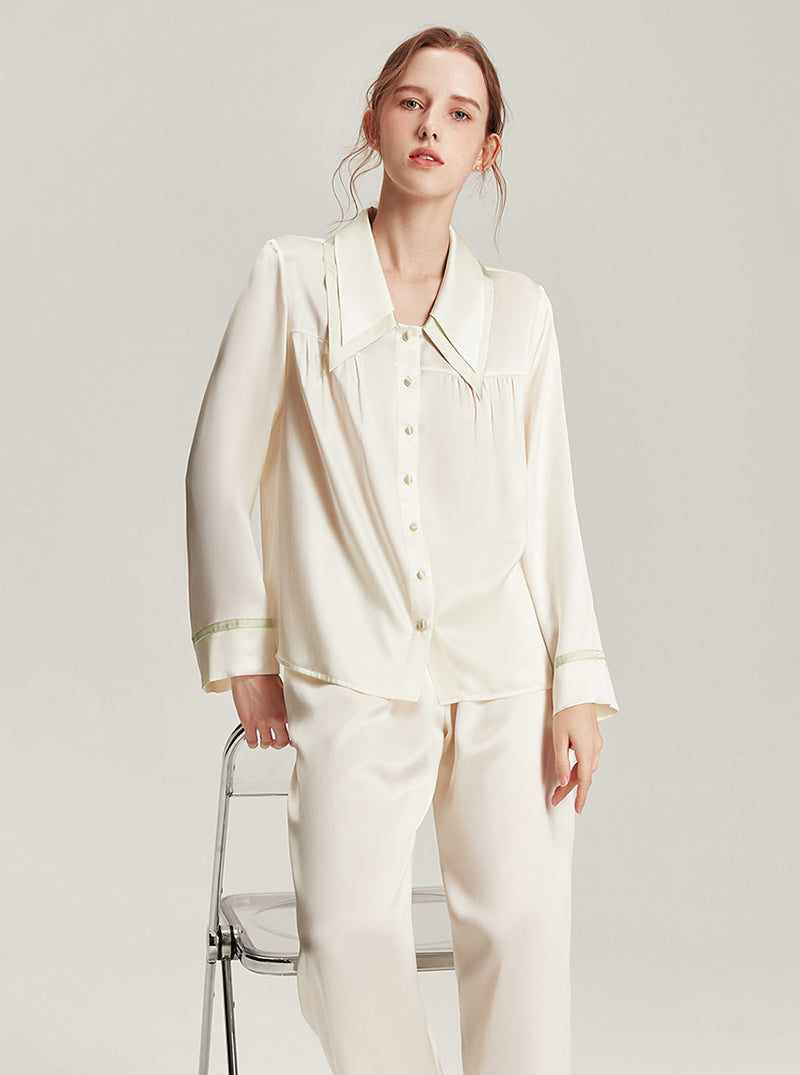 Silk Female Autumn Lapel Stitching Design Simple Fashion Soft Breathable Comfortable Long Sleeve Pajamas Two Pieces Of Solid Color